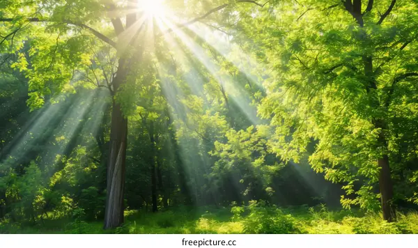 Sunbeams Through Forest Canopy