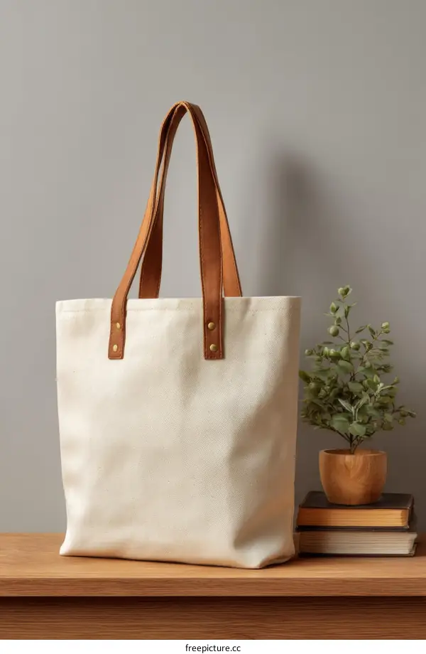 Cream-Colored Canvas Tote Bag with Tan Leather Handles