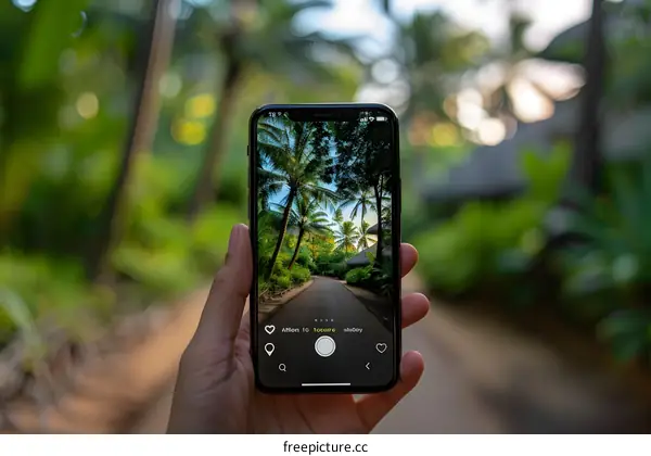 Hand Holding Smartphone with Tropical Island Photo
