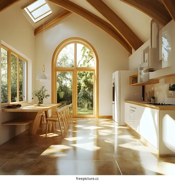 Modern Kitchen Design with Arch Window and Wooden Beams