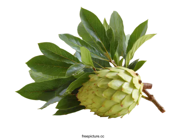 [Transparent Background PNG]Green Cherimoya Fruit with Leaves