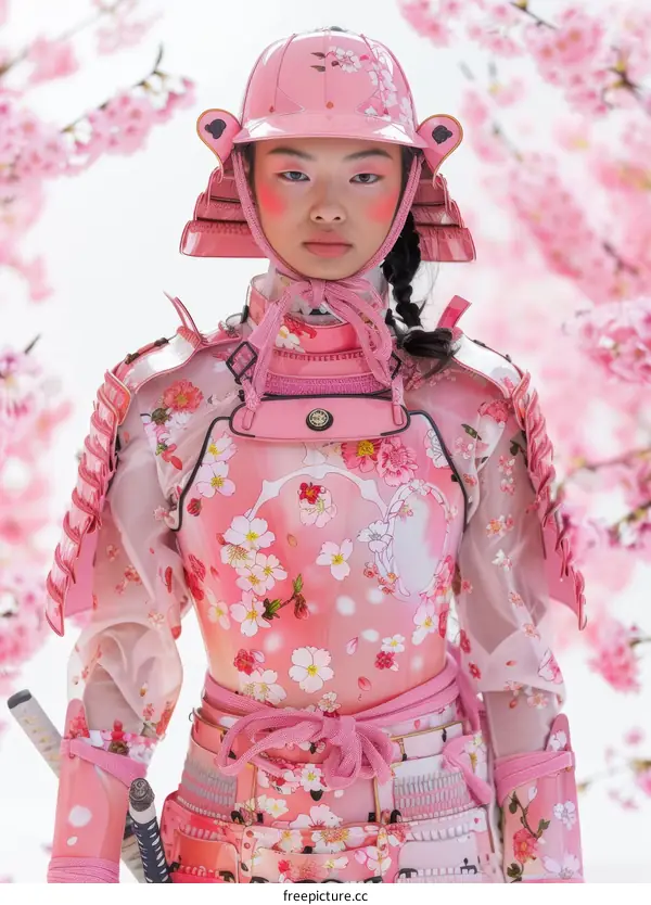 Portrait of a Young Woman in Pink Samurai Armor with Cherry Blossoms