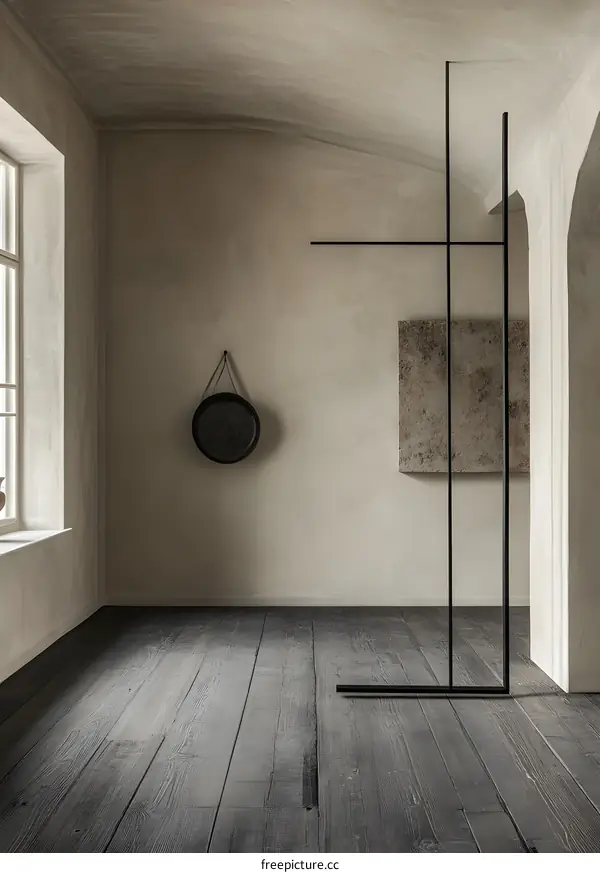 Minimalist Interior Design with a Wooden Floor and a Black Metal Sculpture
