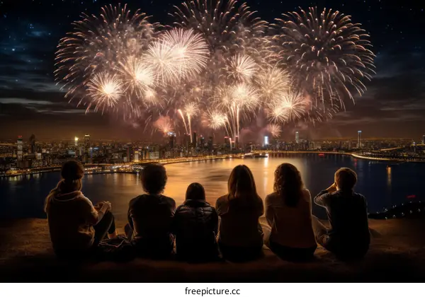 People watching fireworks over a city at night