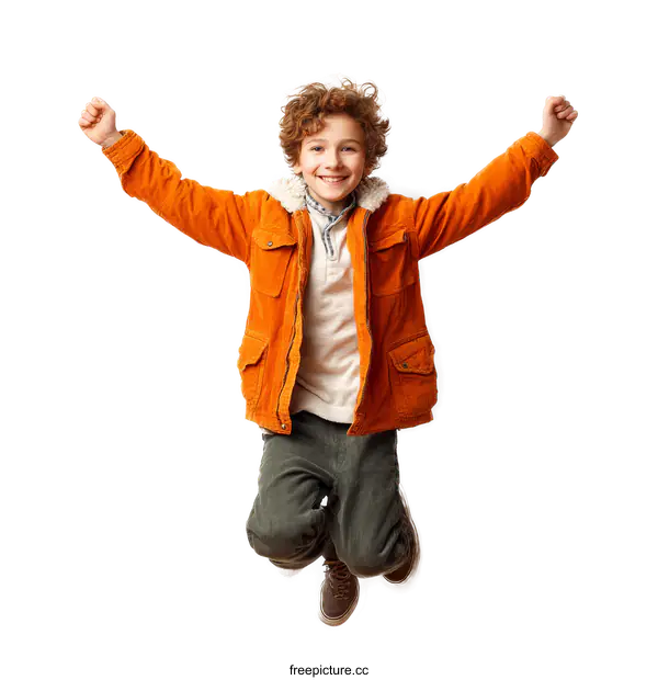 [Transparent Background PNG]Happy Boy Jumping in Orange Jacket