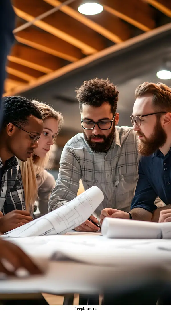 Group of Architects Discussing Blueprint Over Table