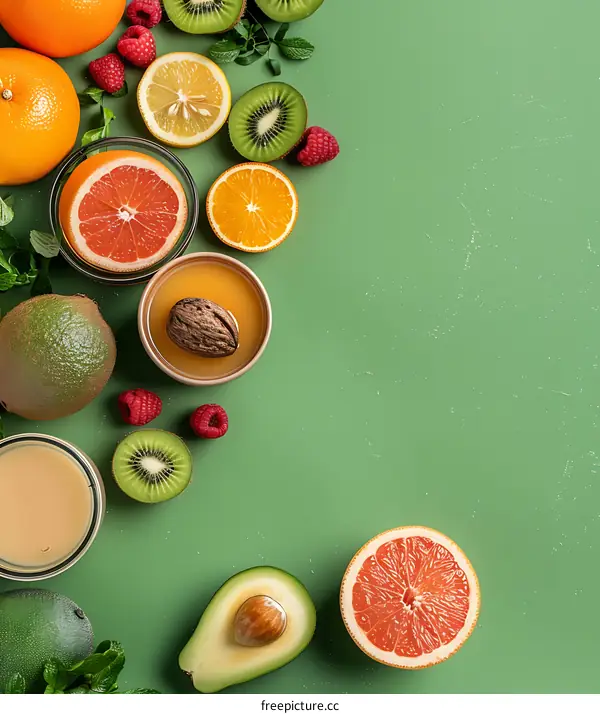 Fresh Fruits and Vegetables on a Green Background