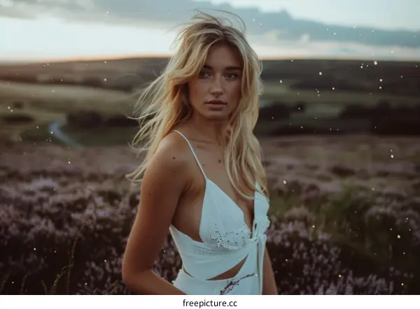 Young woman standing in a field of heather at sunset