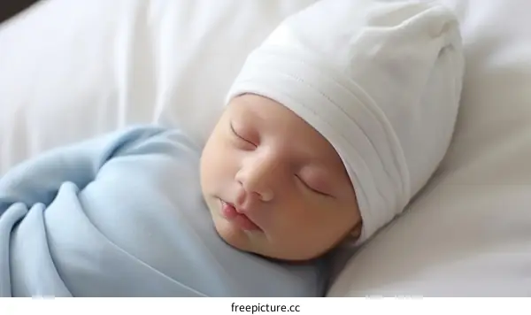 peaceful newborn baby boy sleeping soundly wrapped in a blue blanket