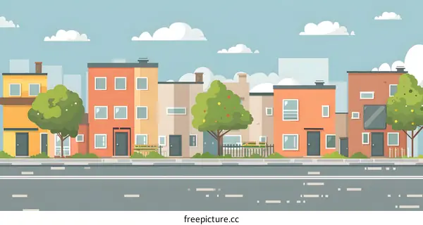 Cartoon Illustration of a City Street with Buildings and Trees