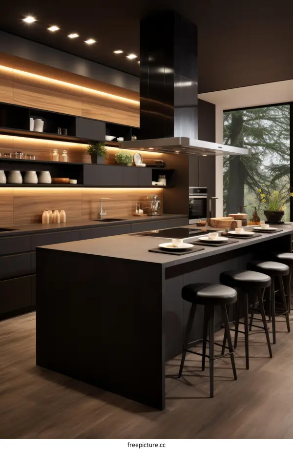 Black kitchen island with wood accents and stainless steel appliances