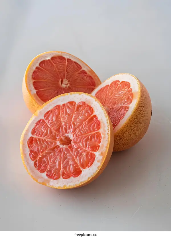 Freshly Cut Grapefruit Halves on White Background