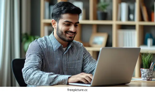 Young Man Working on Laptop in Modern Office