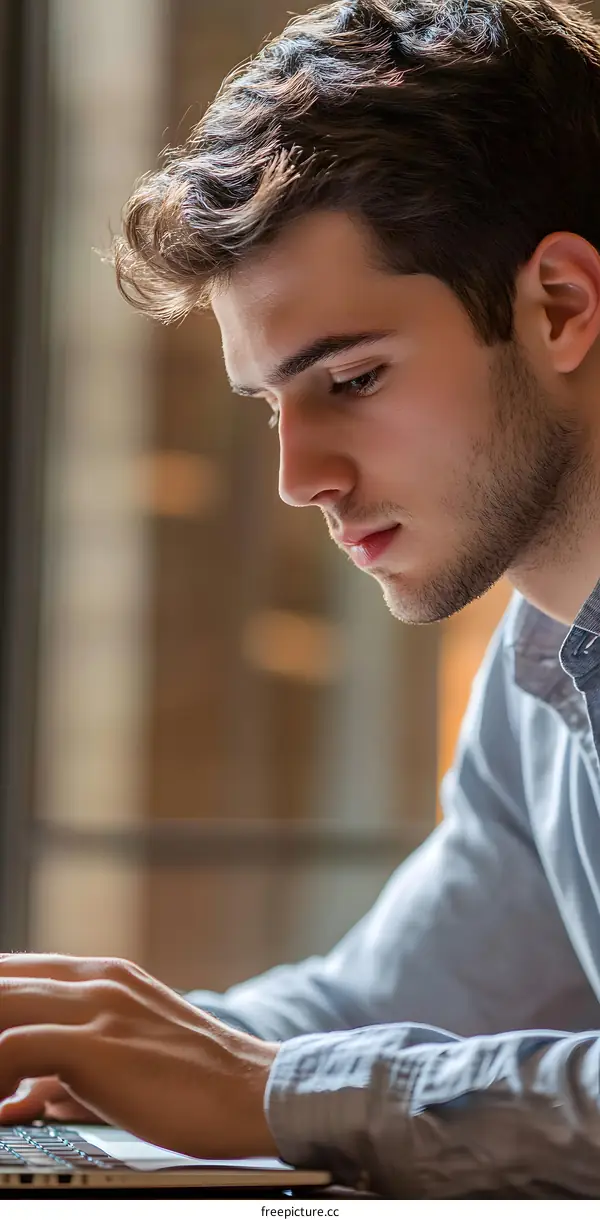 Young Man Working on a Laptop in a Cafe