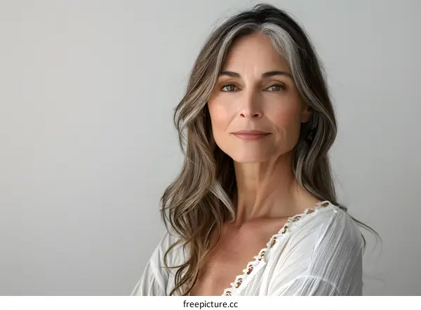 portrait of a beautiful middle aged woman with gray hair