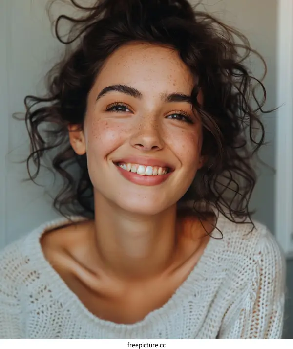 Close-up Portrait of a Smiling Woman with Curly Hair