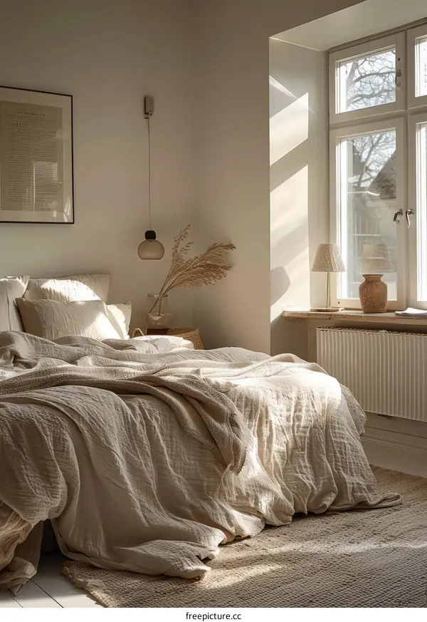 A bedroom with a large bed, a window, and a rug on the floor