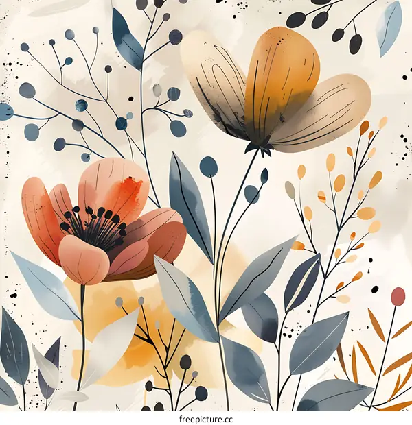 Abstract Floral Watercolor Painting with Flowers and Leaves