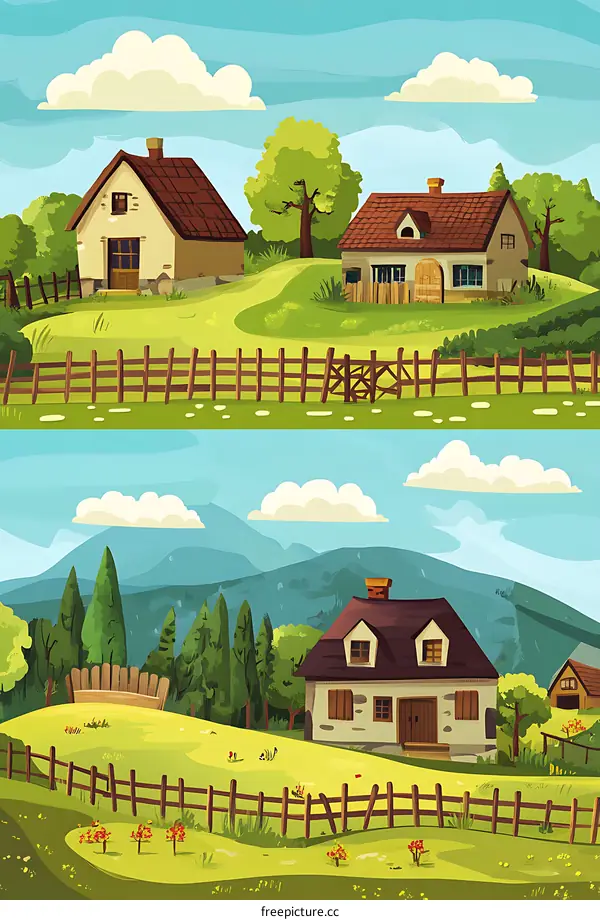 Two Houses With Green Grass Fields