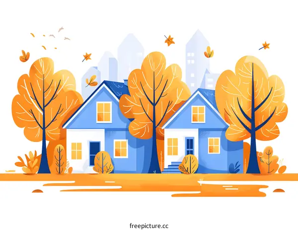 Autumn Season Illustration of Two Houses Surrounded by Trees