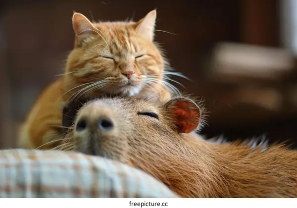 A ginger cat is sleeping on the head of a capybara