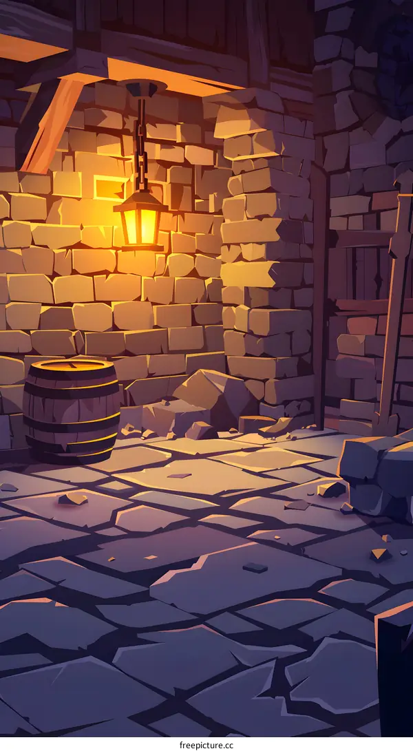 Dark Stone Cobblestone Alley with Hanging Lantern and Barrel