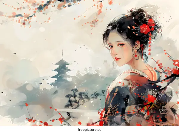 An illustration of a beautiful woman in a kimono standing in a field of cherry blossoms with a pagoda in the background.