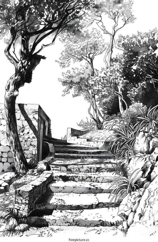 Black and White Ink Illustration of a Stone Pathway in a Forest