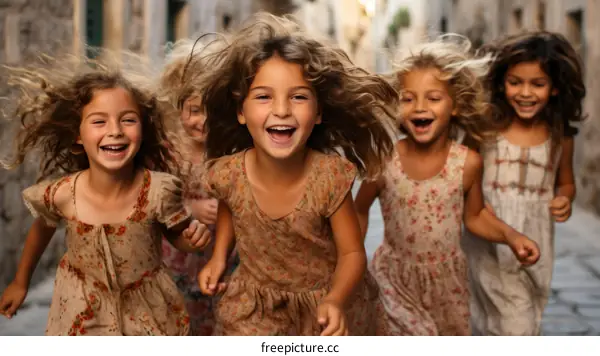 Little Girls Running and Laughing Down a Street