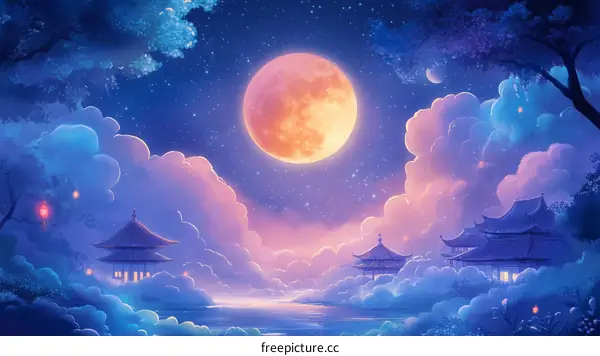 Mystical Night Landscape with Full Moon and Asian Architecture