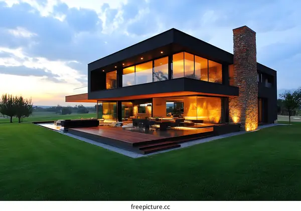 Modern Black House with Stone Chimney and Large Windows