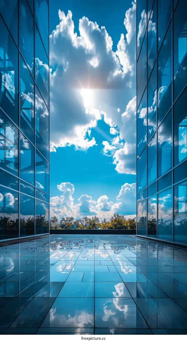 Blue sky and white clouds between two glass buildings