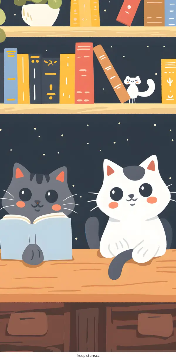 Two Cats Reading Books in a Library