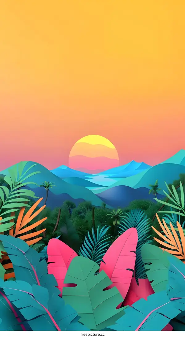 Tropical Sunset Landscape Illustration with Paper Cutout Style