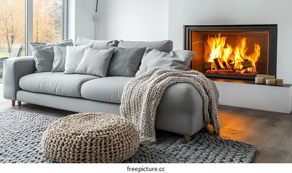 Cozy Living Room with Fireplace and Knitted Throw