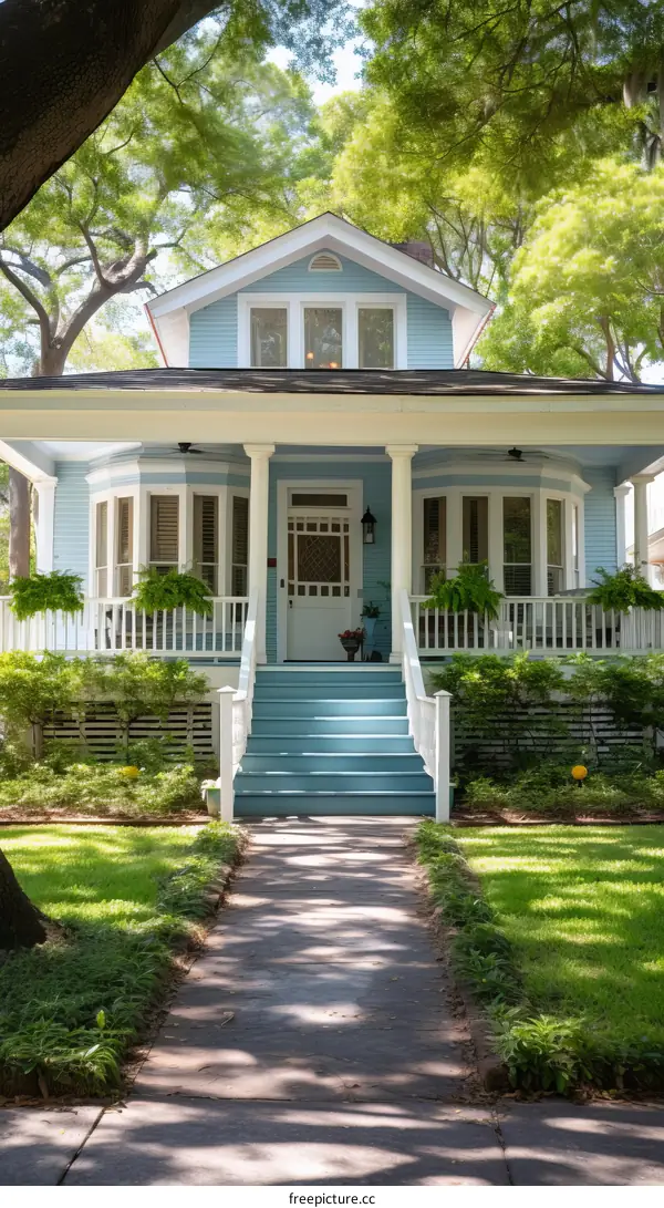 Charming blue cottage with welcoming front porch surrounded by lush greenery