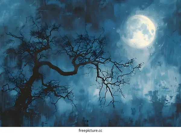 Silhouette of a Tree Branch Against a Blue Night Sky with a Full Moon