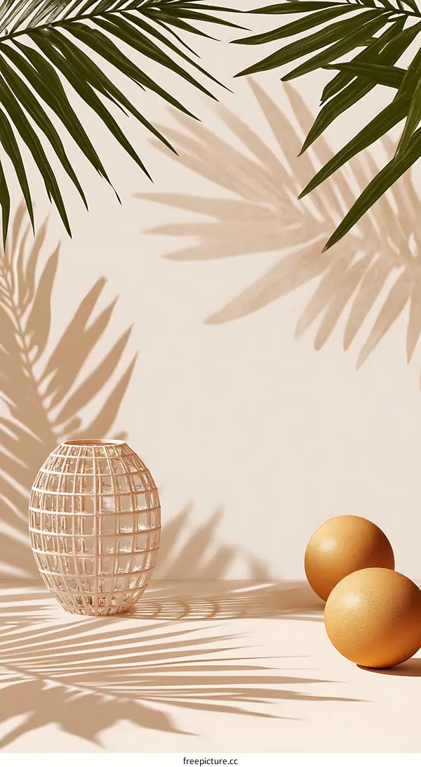 Minimalist Summer Background with Palm Leaves and Geometric Shapes