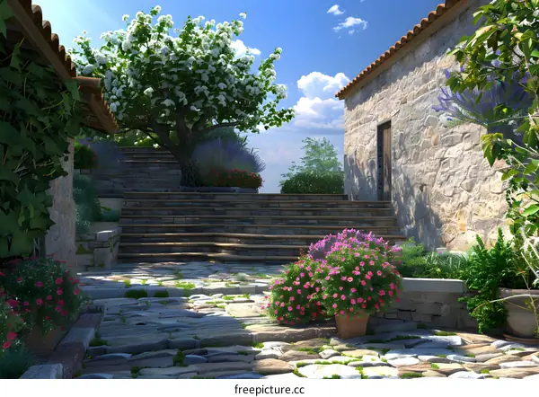 Stone Steps and Flowers in a Beautiful Garden