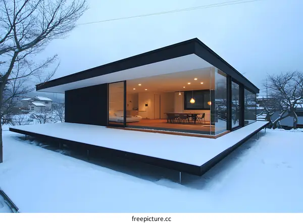 Modern House with Large Glass Windows in Winter
