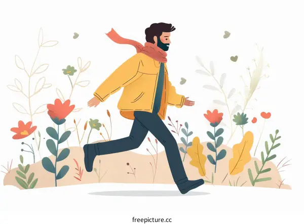 man running through a field of flowers