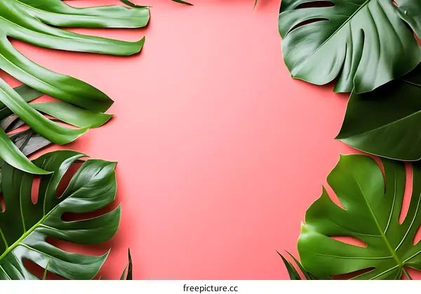 Green Tropical Leaves on Pink Background