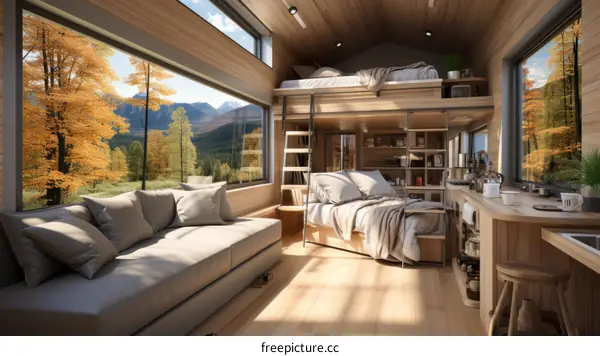 A cozy and space-saving modern tiny house with a beautiful view of the mountains and autumn forest