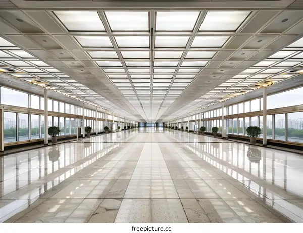 Modern Office Building Interior with Windows and Tile Floor