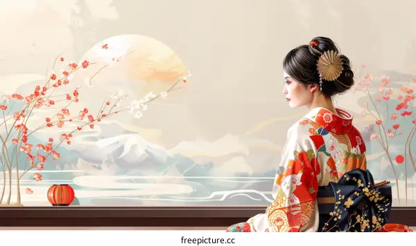 A Japanese woman wearing a kimono is sitting by the window, looking at the cherry blossoms.