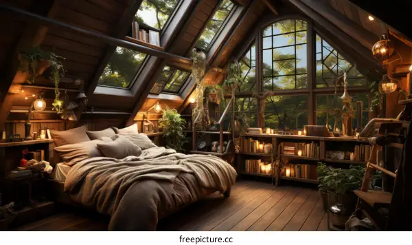 A cozy bedroom in a wooden house with a large window overlooking the forest