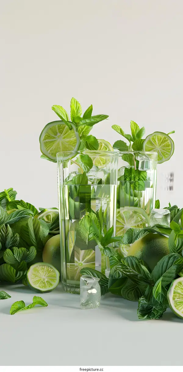 Refreshing Lime and Mint Cocktail with Ice Cubes