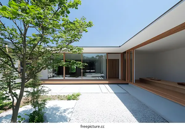 Modern Japanese House With Stone Patio and Green Tree