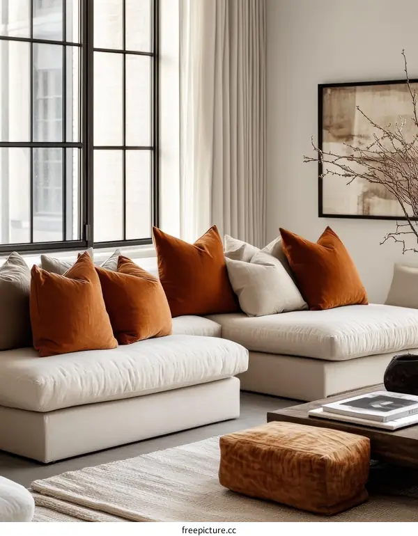 Modern Beige Sofa Set with Warm Orange Pillows