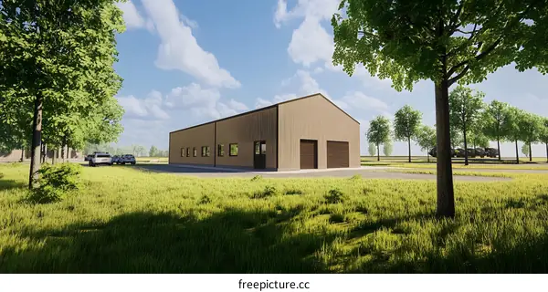 Modern Building with Garage Doors and Green Grass